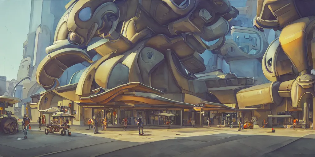 Image similar to overwatch building, stylized, exterior, architecture, in watercolor gouache detailed paintings, insanely detail, artstation, 8 k, futuristic, big medium small, arcane, simon stalenhag, food stall, interesting shapes & form, golden ratio, megastructures, vitaly bulgarov, mall, jungle, environment, nature, zaha hadid