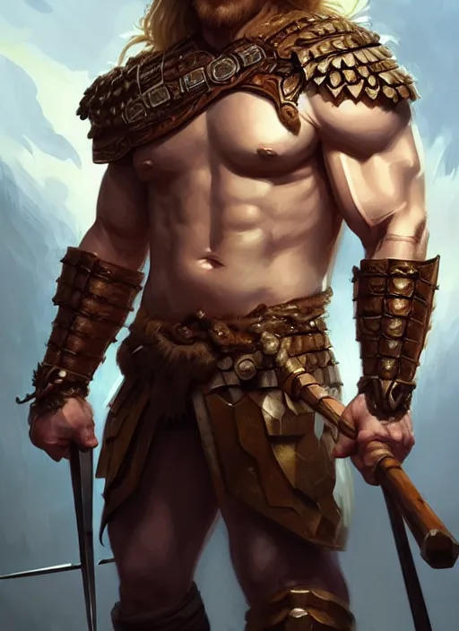 Image similar to symmetry! portrait of barbarian man, short blond hair, d & d, muscular!! angry!!! armour, fantasy, intricate, elegant, highly detailed, digital painting, artstation, concept art, smooth, sharp focus, illustration, art by artgerm and greg rutkowski and alphonse mucha
