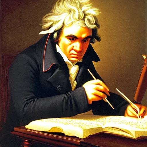 Prompt: beethoven's last days alive, he is sitting on his 1800s bed and writing a piece on a sheet of paper, sun flare.