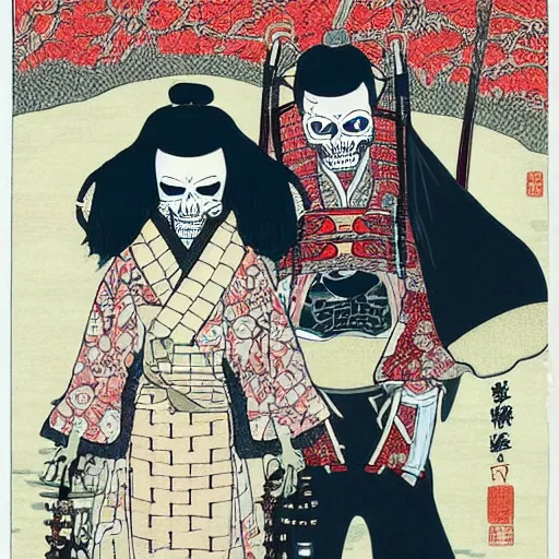 Image similar to portrait of a skeleton samurai and his beautiful Japanese wife by Toshio Saeki, high detailed