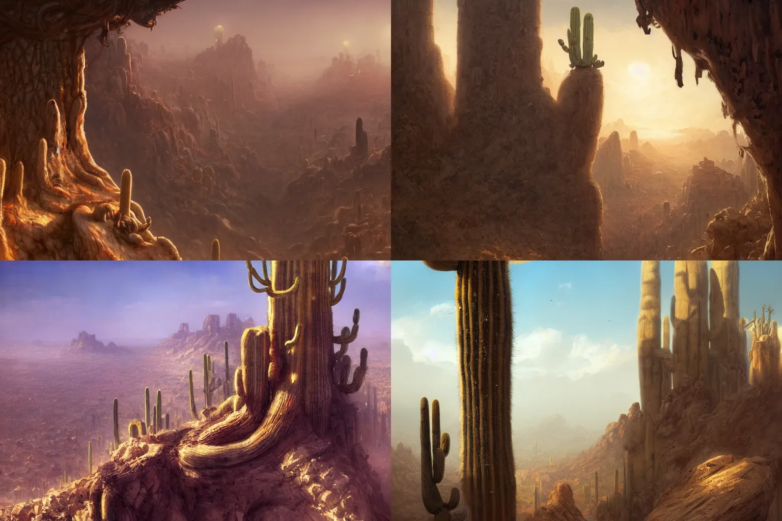 Prompt: city inside of a large saguaro cactus near a desert cliff, digital painting by greg rutkowski and gaston bussiere, trending on artstation, cgsociety contest winner, zbrush, intricately defined, comprehensive art, 4 k