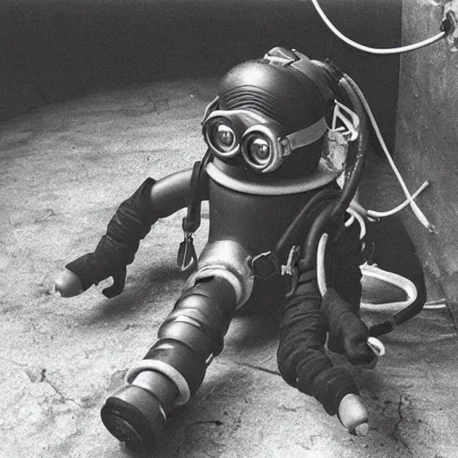 Image similar to old creepy black and white photograph of a minion in deep sea diving gear