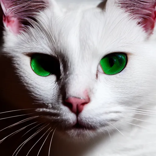 Prompt: A photograph of a white cat looking at camera, with black fur around her eyes, sticking tongue out, warm lighting, 4k, 8k, hd