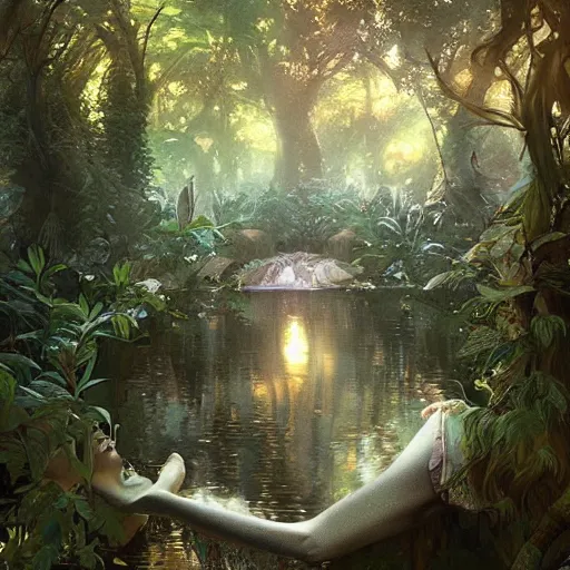 Prompt: an enchanted forest pool, highly detailed, digital painting, artstation, concept art, sharp focus, illustration, art by artgerm and greg rutkowski and alphonse mucha