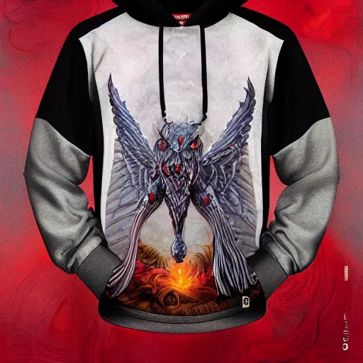 Prompt: Supreme hoodie in collaboration with gerald brom and several other artists