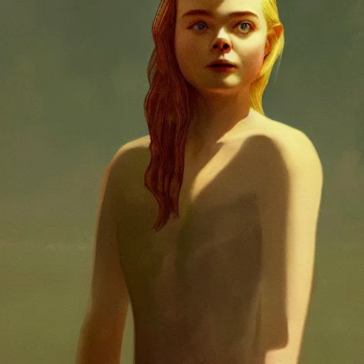 Image similar to Elle Fanning in the painted world of Silent Hill, head and shoulders masterpiece, apocalypse, golden hour, cosmic horror, artstation, in the style of Andrew Wyeth and Edward Hopper and Bosch, extremely detailed