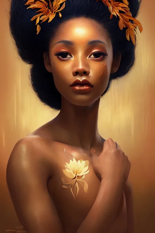 Image similar to stunningly beautiful, nubian geisha prima ballerina in jungle, symmetrical face, golden hour, smooth, focus, highly detailed, hyper realistic, dramatic lighting, elegant, intricate, concept art, art by wlop, mars ravelo, greg rutowski, artstation