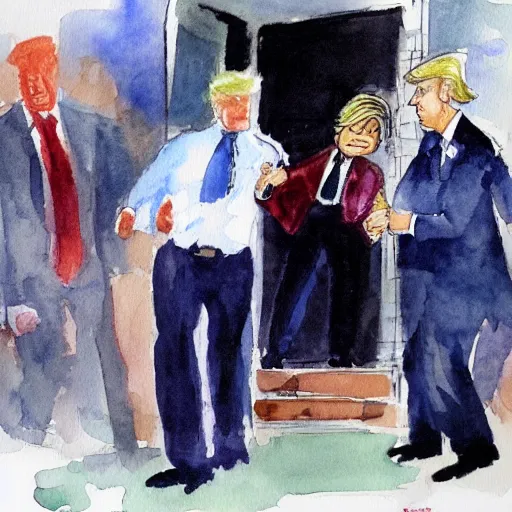 Image similar to donald trump being escorted out of his mansion in handcuffs by the fbi. watercolor