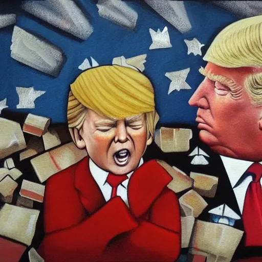 Image similar to donald trump as a little boy in tears, kitschy painting