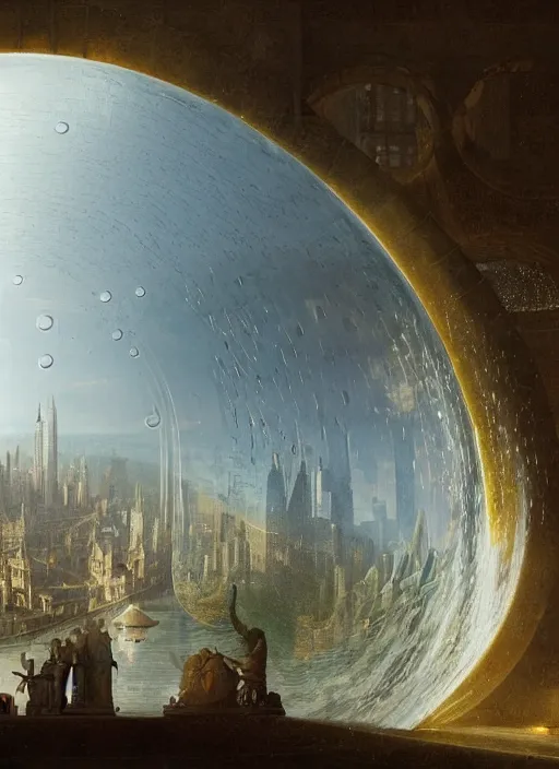 Prompt: a giant water bubble with a reflection of a city, modern fine art, fractal, intricate, elegant, highly detailed,, by jheronimus bosch and greg rutkowski,