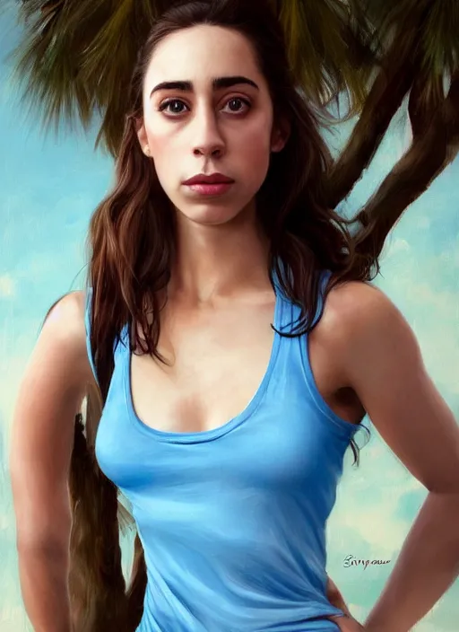 Image similar to full length photo of Oona Chaplin in a tanktop in the style of stefan kostic, light blue eyes, not realistic, sharp focus, 8k high definition, insanely detailed, intricate, elegant, art by stanley lau and artgerm