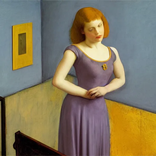 Prompt: close up of a girl in a blue and gold haunted liminal abandoned room, film still by edward hopper, by Pontormo, by klimt, art noveau, highly detailed, strong lights, liminal, eerie, Bright pastel colors, Byzantine icon