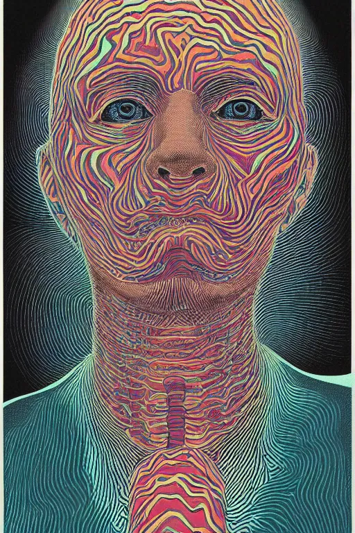 Prompt: man licks a tab of LSD acid on his tongue and experiences psychedelic hallucinations, screenprint by kawase hasui, alex grey and dan hillier, colorful flat surreal design, hd, 8k, artstation