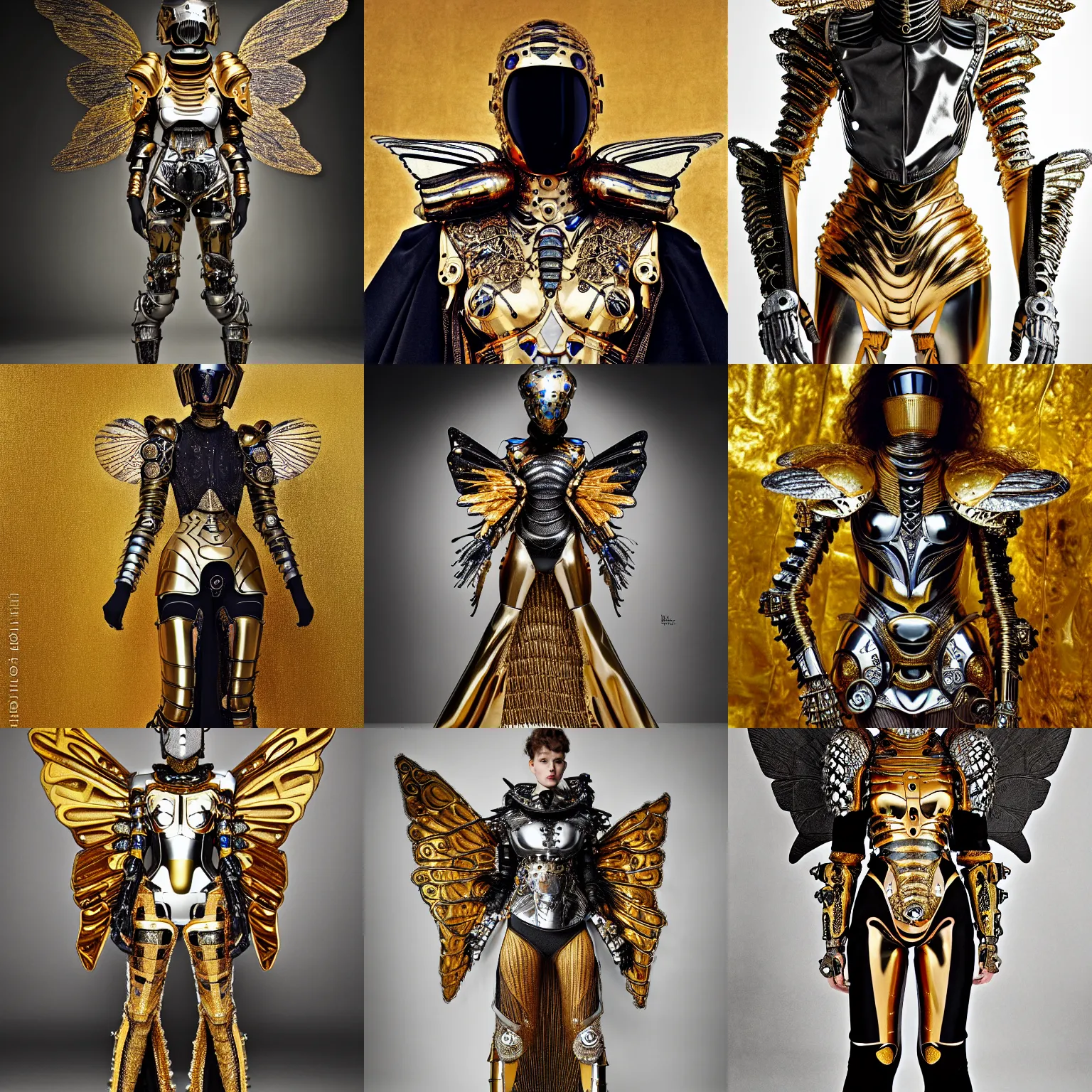 Prompt: haute couture scale armour sf paladin editorial by klimt, biomechanical hornet with metal couture wings by malczewski, ornate power armour knight in gold, bismuth and obsidian by giger