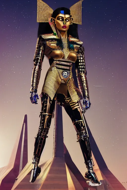 Image similar to full body portrait of the Egyptian Android Pharaoh Queen, by DC comics and Sandra Chevrier and beeple, artstation, volumetric lighting, hyperrealism, futuristic royalty, strong and muscular, award winning costume design, cybernetic bionic ancient cyborg, fashion show runway, futuristic fine textures, woven with electricity, high fashion superpowers, covered in dust, 4k UHD, 35mm