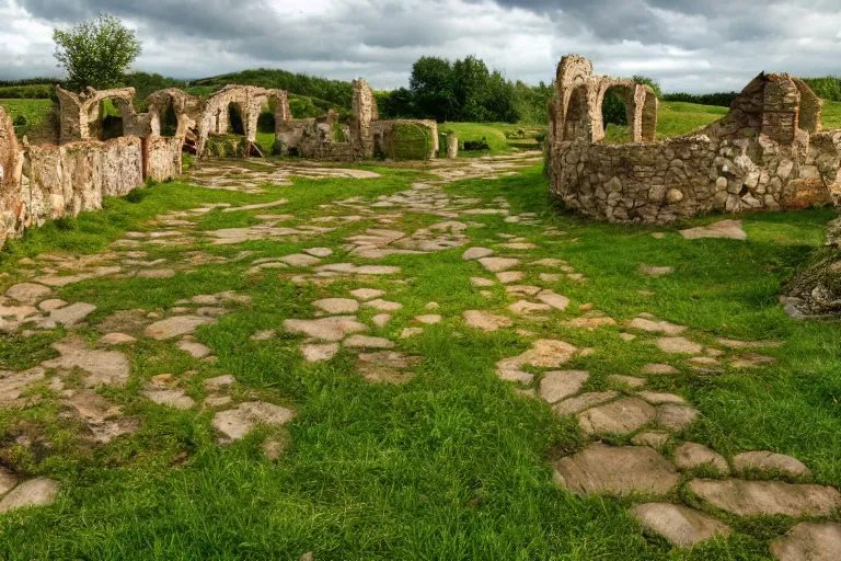 Prompt: a grass land and ruins and small bustling fixed luminously fun village and tan gravel pathways and joyful people in the 2 0 0 0 s, under reconstruction, 4 k, 8 k, photorealistic landscape, landscape imagery, 4 k luminous lighting, volumetric lighting,