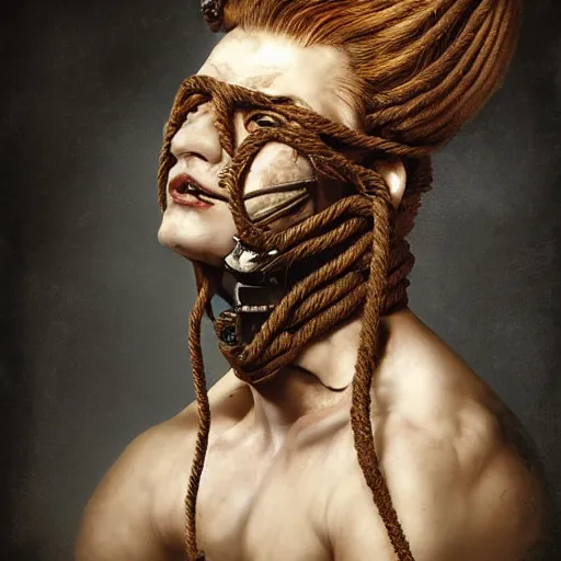 Image similar to portrait of a Shibari rope wrapped face and neck, headshot, insanely nice professional hair style, dramatic hair color, digital painting, of a old 17th century, old cyborg merchant, amber jewels, baroque, ornate clothing, scifi, realistic, hyperdetailed, chiaroscuro, concept art, art by Franz Hals and Jon Foster and Ayami Kojima and Amano and Karol Bak,