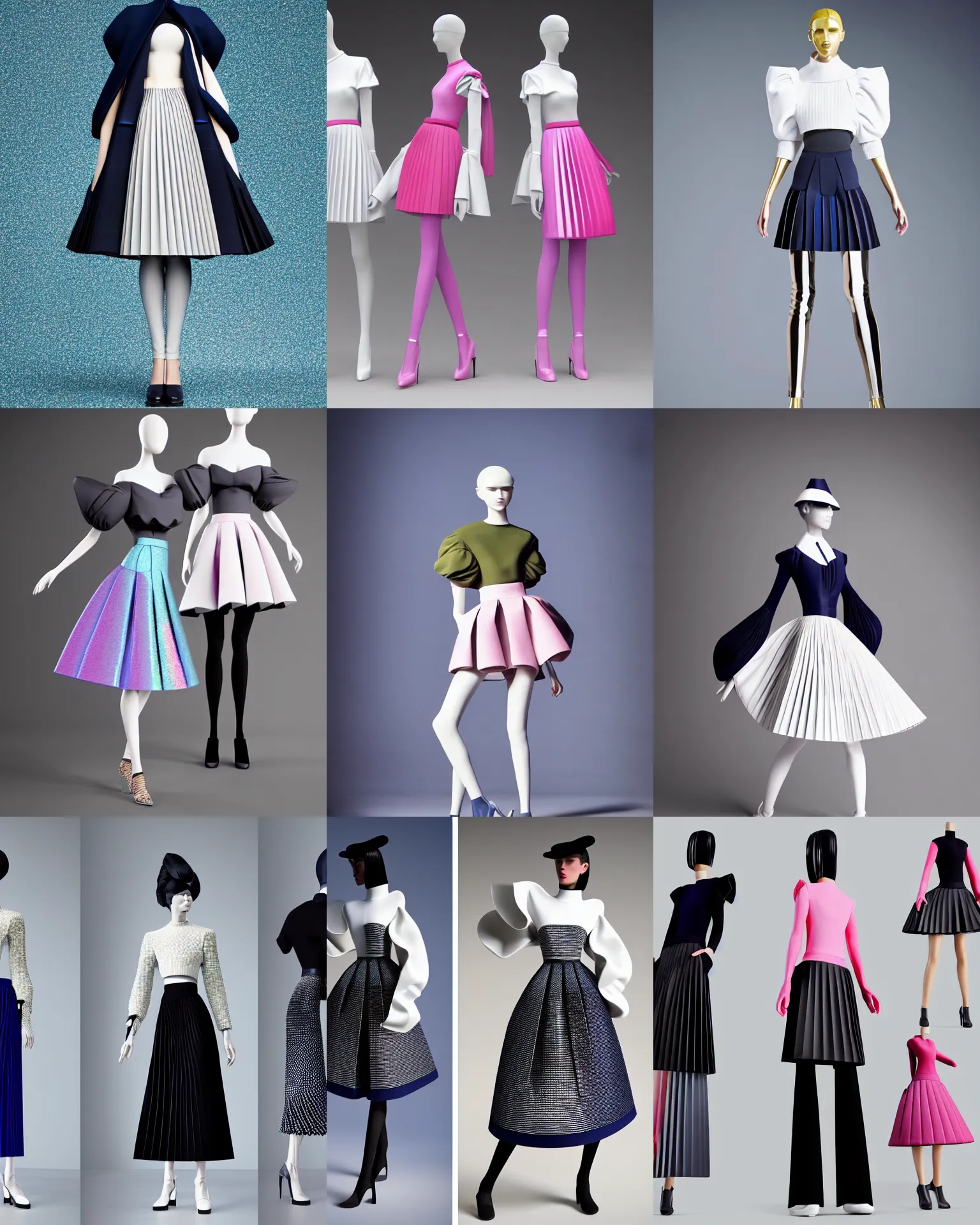 Prompt: designer figure collection haute couture, sailor uniform, midi skirt, coated pleats, synthetic curves striking pose, ball shaped accordion sleeve, dynamic folds, cute huge pockets hardware, volume flutter, youthful, modeled by modern designer bust, smart textiles, body fit, cotton candy holographic tones, expert composition high detail, professional retouch, editorial photography