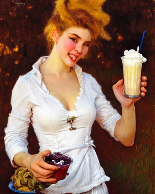 Prompt: portrait of a white female anthro wolf waitress serving milkshakes, 4 k, trending on artstation, very expressive detailed feminine face, energetic, bright colors, happy, by gaston bussiere, craig mullins, j. c. leyendecker, gustav klimt, artgerm, greg rutkowski, alphonse mucha