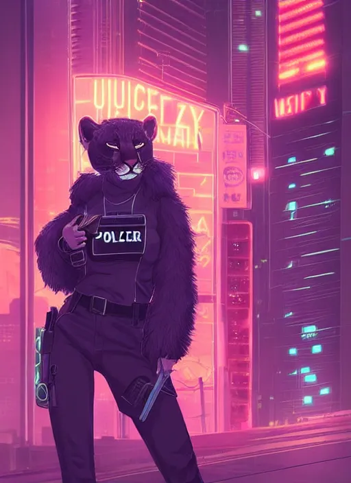 Prompt: beautiful portrait commission of a female furry anthro cougar fursona wearing a police uniform. Cyberpunk city at night in the rain. Neon light. Atmospheric. Character design by charlie bowater, ross tran, artgerm, and makoto shinkai, detailed, inked, western comic book art