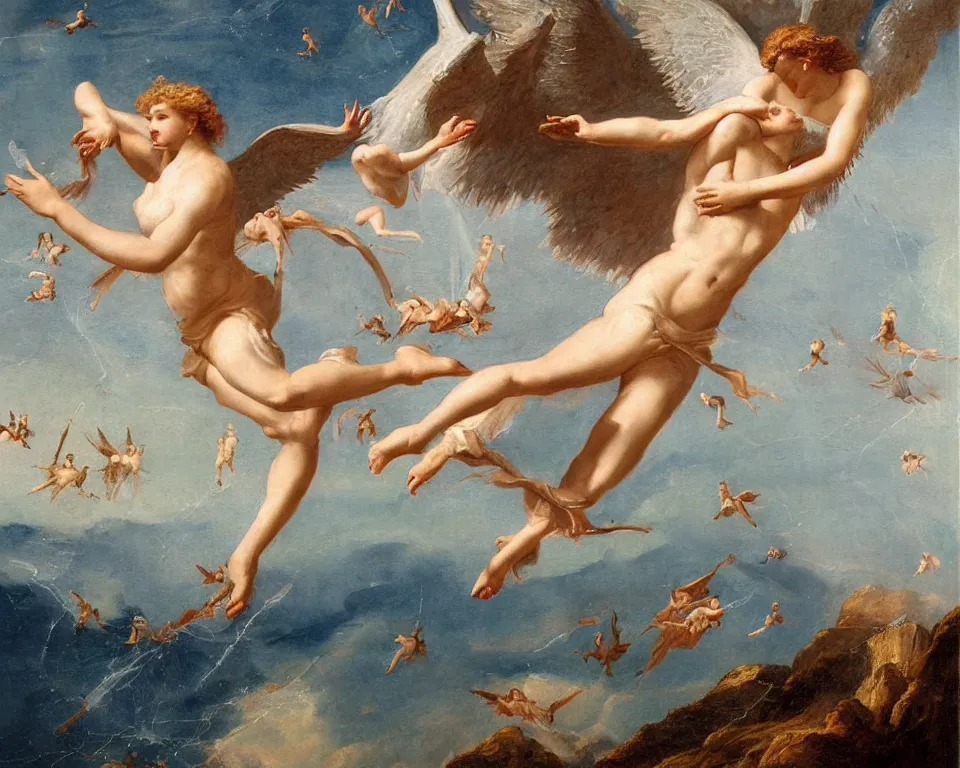 Prompt: angel falling into andromeda, very high resolution images, very fine details, very realistic looking, rennaissance style painting, with shots of the world's most famous classical painters