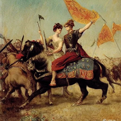 Image similar to action heroine leading an army into battle, by alfred stevens
