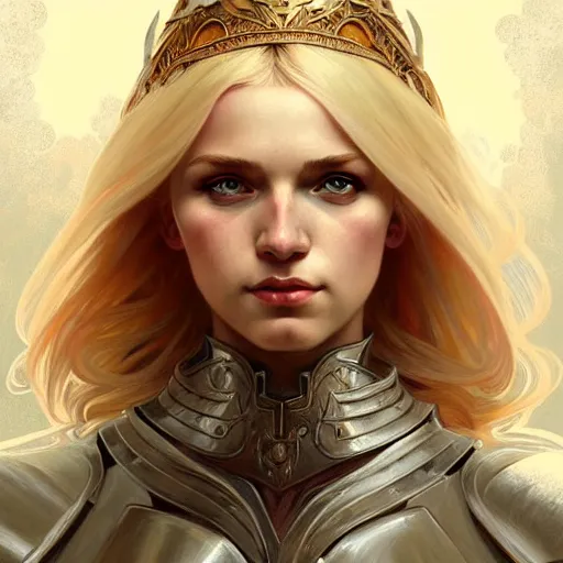 Prompt: Alice Zuberg, Portrait of a girl with blonde hair wearing a heavy knight armor, face, fantasy, intricate, elegant, highly detailed, digital painting, artstation, concept art, smooth, sharp focus, illustration, art by Fernanda Suarez and Artem Demura and alphonse mucha