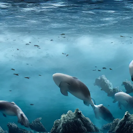 Image similar to ultra realistic underwater photography, panoramic picture of an ocean floor with a few baluga whales. focus on the whales. the whales are anatomically correct and highly detailed. lots of bubbles. seaweed and some rocks. gloomy scattered light entering from the water surface, artstation, 8 k