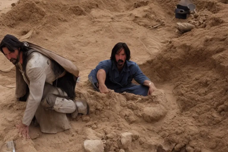 Image similar to film still of keanu reeves wearing an archaeological outfit sifting material at an ancient egyptian archaeological digsite