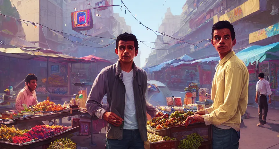 Prompt: highly detailed portrait young man mexican vendor in gta v, street market, happy ambience, stephen bliss, unreal engine, fantasy art by greg rutkowski, loish, rhads, ferdinand knab, makoto shinkai and lois van baarle, ilya kuvshinov, rossdraws, tom bagshaw, global illumination, detailed and intricate environment