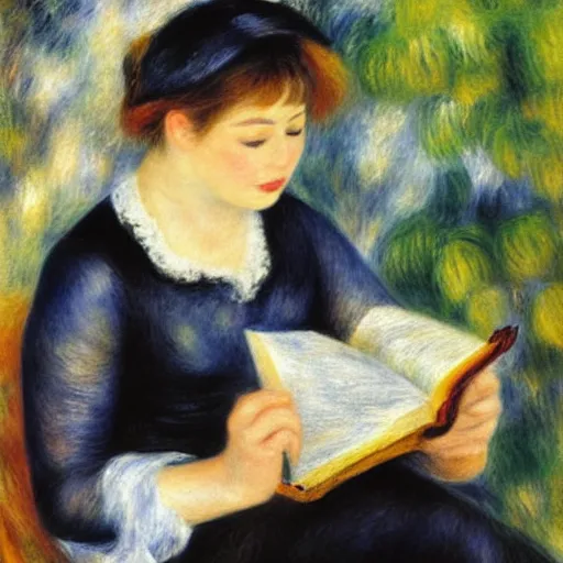 Image similar to renoir painting of black cat reading a book