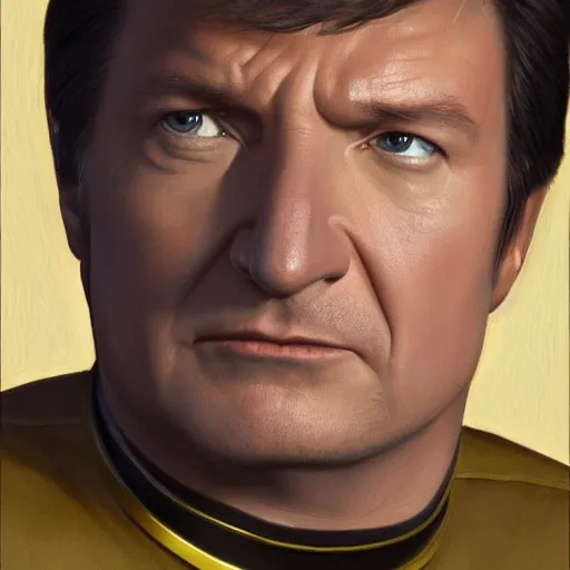 Prompt: A portrait of Nathan Fillion in a starfleet uniform, on the set of Star Trek Voyager, highly detailed photorealistic, unreal 5, hugh definition, 8k, deviantart, donato giancola, oil painting