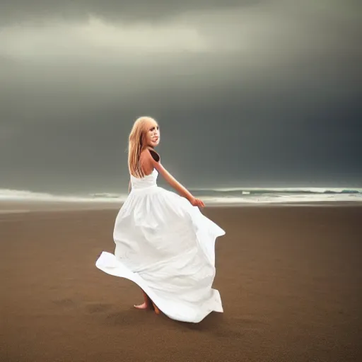 Prompt: lonely wonderful lady with a white large magnificent more and more vaporous, wrapped, hight decorated, detailed, white roses cotton dress is moving in the sand near the ocean, during lightning storm, her face is visible, 8 k