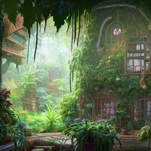 Prompt: concept art painting of a interior of a cozy alien fantasy cottage, overgrown with plants, spiderplants, cozy warm happy habitat with black vines and magenta houseplants, round windows, realistic, detailed, cel shaded, dark, in the style of makoto shinkai and greg rutkowski and james gurney