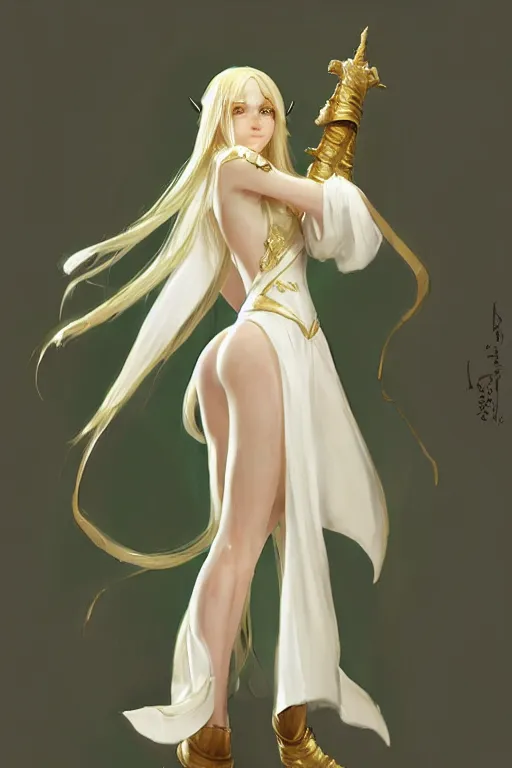 Prompt: Pretty Female cleric, white robes, golden accents, green eyes, extremely detailed face!, young, 2 arms and 2 legs!, shaped derriere, looking from side and bottom!, high fantasy, by Albert Aublet, Krenz Cushart, WLOP, Sakimichan