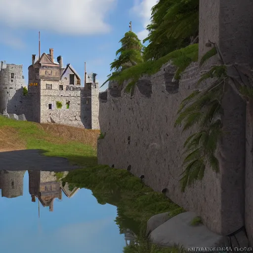 Image similar to a castle built on a tarn, mountain lake, highly detailed, 8k, Unreal Engine, render