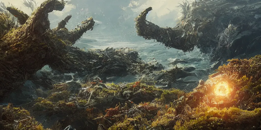 Prompt: Planet Overgrown, giant hand coming out of the ocean, fishes floating over the sea, Greg Rutkowski, Darek Zabrocki, Karlkka, Jayison Devadas, Phuoc Quan, trending on Artstation, 8K, ultra wide angle, pincushion lens effect