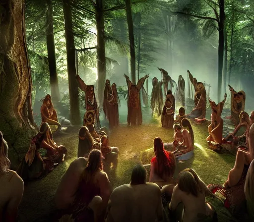 Prompt: a shamanic gathering of a tribe in a magical forest, spiritual connection with the forest, extreme detail, sharp focus, 8 k, intricate, hyper detailed, cinematic lighting