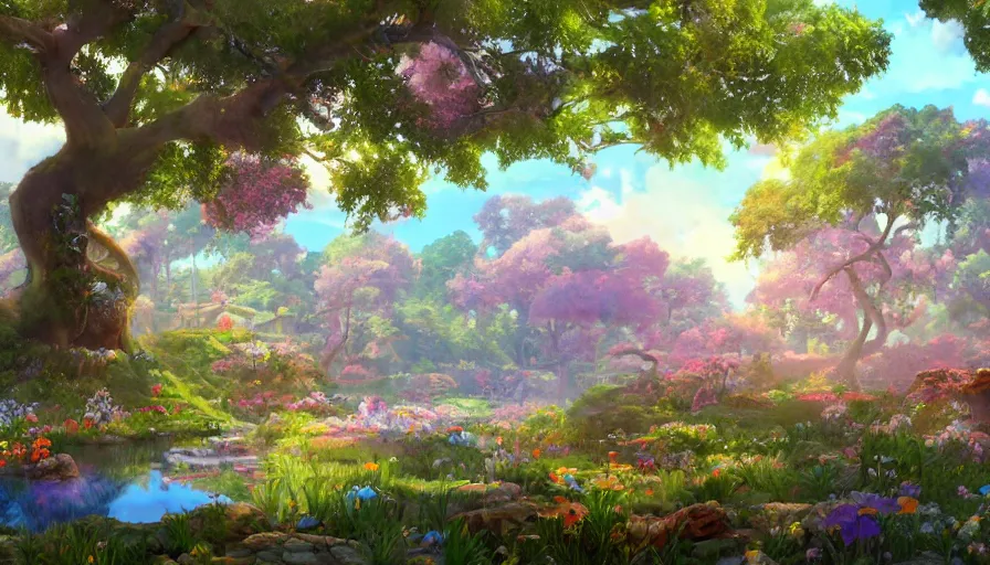 Prompt: a colorful easter land with a pond, beautiful ancient trees, hiding large treasure chest, serene evening atmosphere, soft lens, soft light, cel - shading, animation, in the style of cgsociety, deviantart, artstation, zbrush, cinema 4 d, studio ghibli, akihiko yoshida, atelier lulua, masamune shirow