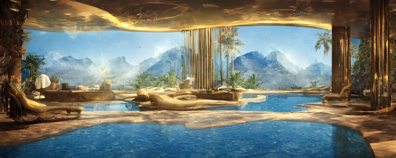 Image similar to surreal hyper luxury spa with intricate golden details with view to arid mountains and palm forest, ultra detailed, photorealism, sharp focus, volumetric light, global illumination