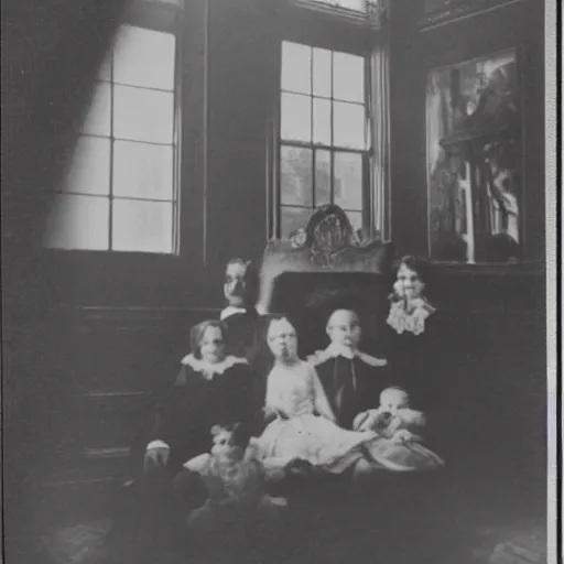 Image similar to vintage photograph of wealthy victorian mansion with family, ghost images and ectoplasm in the background, ghost hunting photograph