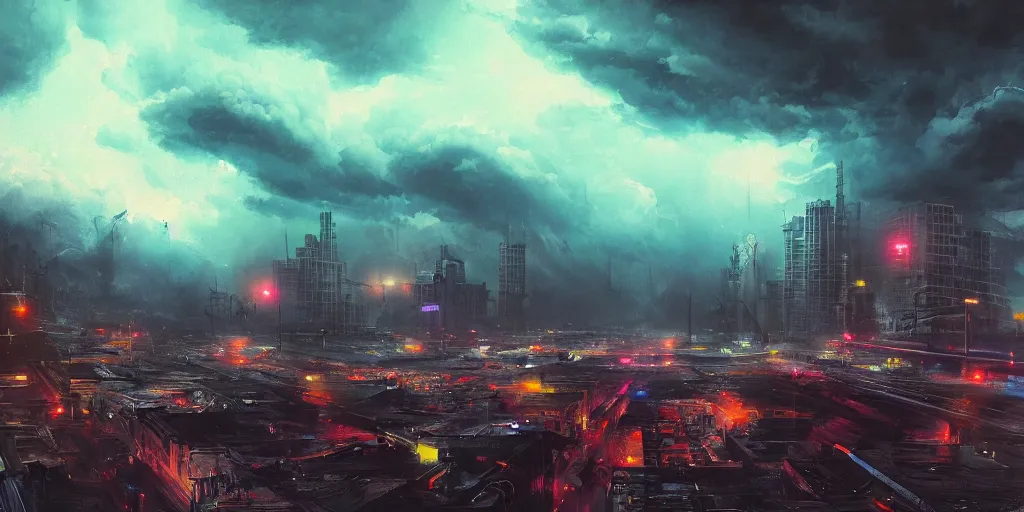 Prompt: long exposure photograph of severe weather storms above an Beautiful Orwellian City, detailed textures, hyper realistic, vibrant colors, cinematic lighting, graffiti art style, climate change, digital art painting by greg rutkowski, cinematic, concept art, 35mm grain filter, artstation