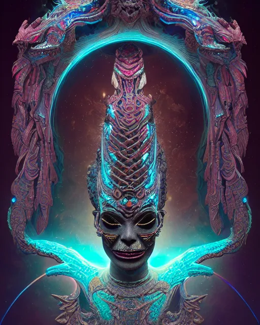 Prompt: 3 d ornate carved dark cosmic goddess with profile portrait, sigma 5 0 0 mm f / 5. beautiful intricate highly detailed quetzalcoatl skull. bioluminescent, plasma, lava, ice, water, wind, creature, thunderstorm! artwork by tooth wu and wlop and beeple and greg rutkowski, 8 k trending on artstation