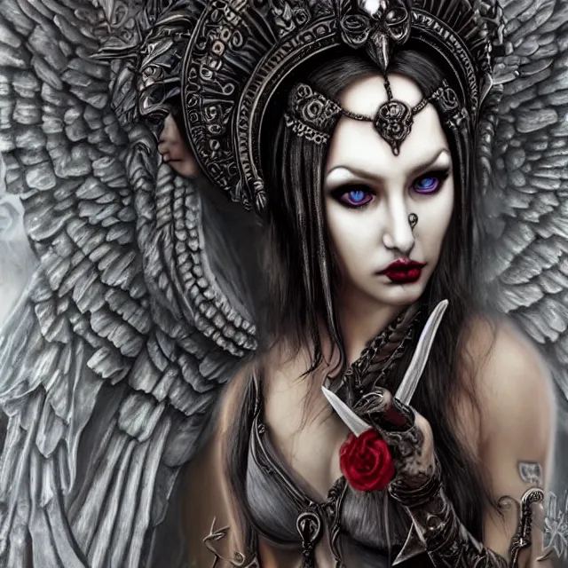 Prompt: perfectly centered close up portrait, candid photography, goddess of death, by anne stokes, updo, highly detailed, accurate