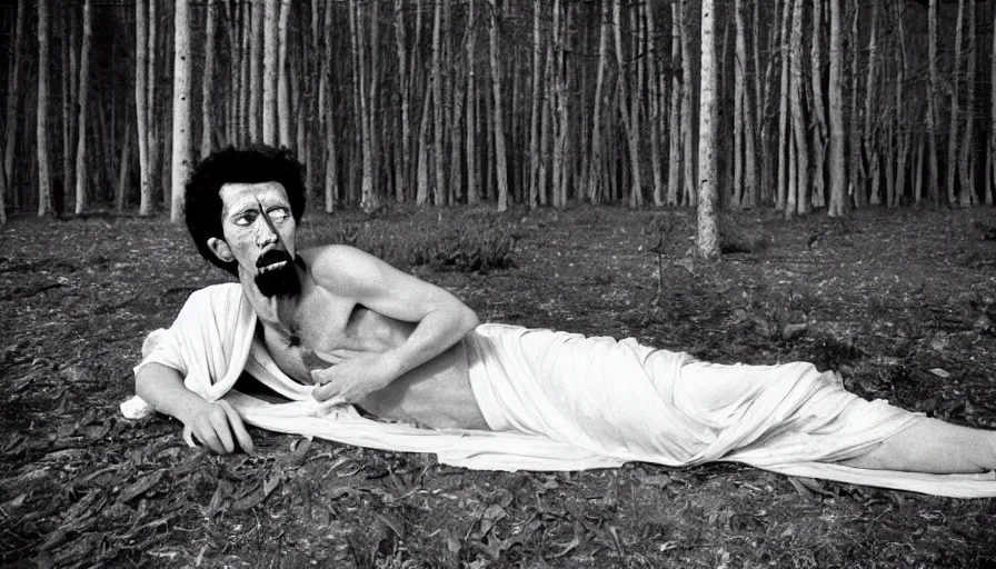 Image similar to 1 9 6 0 s movie still close up of a skinny emperor marcus aurelius with frozen face and a frozen toga, laying down on the danube's shore pine forests, cinestill 8 0 0 t 3 5 mm b & w, high quality, heavy grain, high detail, texture, dramatic light, anamorphic, hyperrealistic, foggy