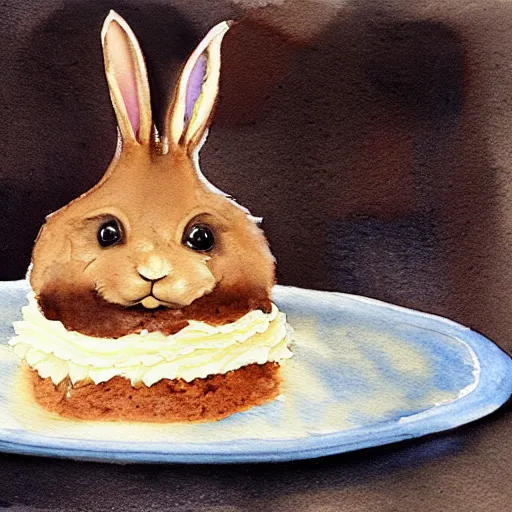 Image similar to a rabbit baking a chocolate cake, realistic watercolour