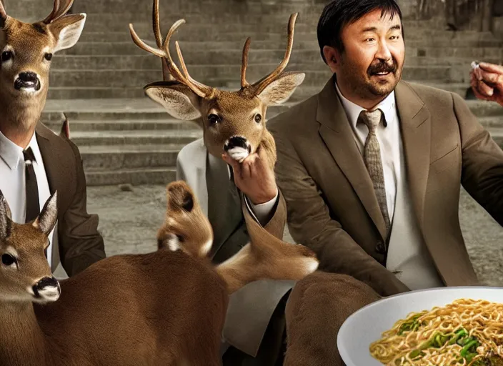 Image similar to a very high resolution image from a new movie, two deer wearing suits are eat instant noodles in a shabby temple directed by zhangke jia