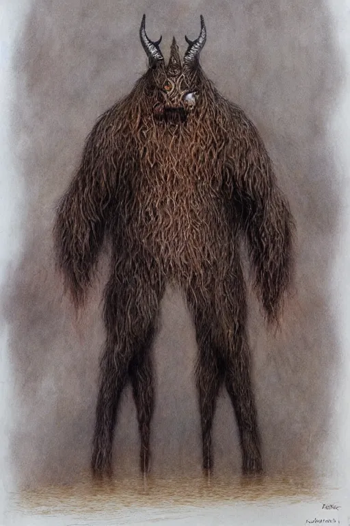 Prompt: Artwork by John Howe of Abe the Forgotten Beast, A towering humanoid composed of rose gold, with a gaunt appearance and a matted grey fur