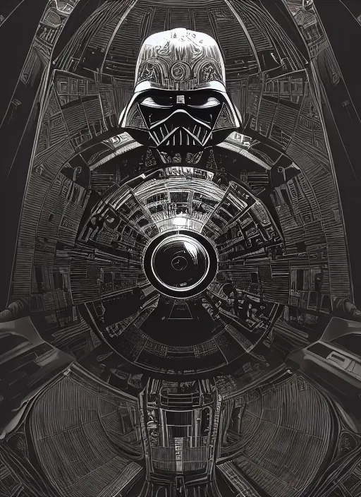 Image similar to platonic ideal luke skywalker, nazgul mandelbulb, deathstar, millenium falcon, detailed, darth vader, action pose, intricate, volumetric lighting, moebius, dan mumford, alphonse mucha, poster,