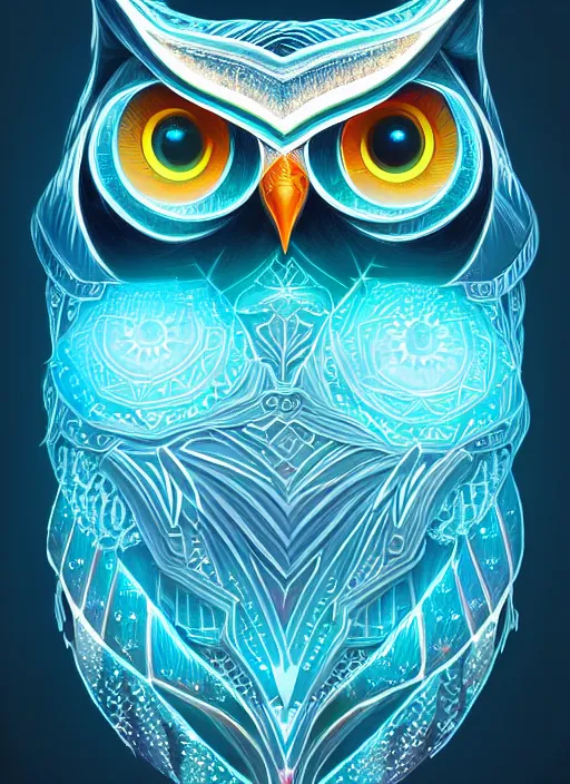 Image similar to symmetry!! product render poster vivid colors divine proportion owl, ice and snow, glowing fog intricate, elegant, highly detailed, digital painting, artstation, concept art, smooth, sharp focus, illustration,